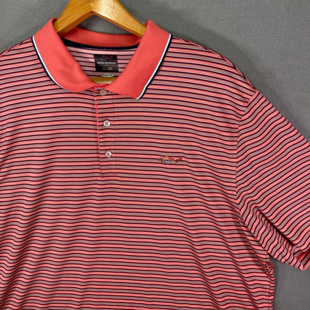 Greg Norman‎ Polo Shirt Mens XXL Red Striped Golf Performance Play Dry